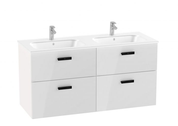 Zestaw łazienkowy 1190 x 460 x 600 mm biały połysk ROCA VICTORIA PRO UNIK umywalka ceramiczna z otworem na baterię na środku, szafka z 4 szufladami (bez uchwytów), zestaw montażowy | A851881806