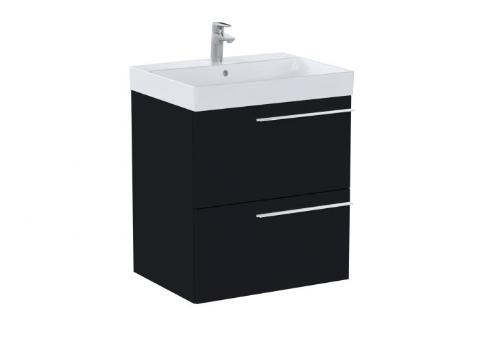 Zestaw łazienkowy czarny mat ROCA ELLA UNIK w komplecie: umywalka ceramiczna 60 x 46 cm z otworem na baterię na środku, szafka z 2 szufladami (bez uchwytów), zestaw montażowy | A851910532
