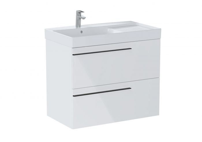 Zestaw łazienkowy 800 x 460 x 715 mm biały połysk ROCA ELLA UNIK 80 asymetryczna umywalka ceramiczna z otworem na baterię i z półką odkładczą po prawej stronie, zmontowana szafka z 2 szufladami, zestaw montażowy | A851912806
