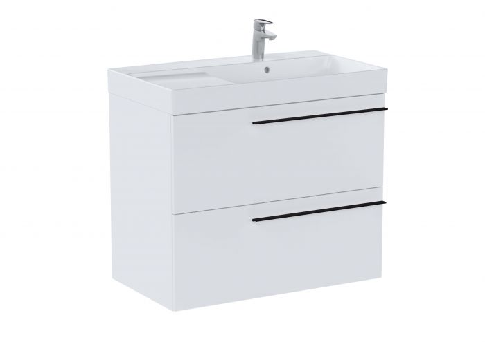 Zestaw łazienkowy 800 x 460 x 715 biały mat ROCA ELLA UNIK 80 asymetryczna umywalka ceramiczna z otworem na baterię i z półką odkładczą po lewej stronie, szafka z 2 szufladami, zestaw montażowy | A851913529