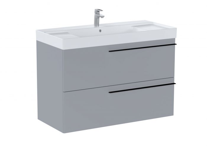 Zestaw łazienkowy 1000 x 460 x 715 mm perłowy mat ROCA ELLA UNIK w komplecie: umywalka ceramiczna 100 x 46 cm z otworem na baterię na środku, szafka z 2 szufladami (bez uchwytów), zestaw montażowy | A851914530