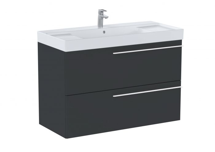 Zestaw łazienkowy lakierowana płyta meblowa / FINECERAMIC 1000 x 460 x 715 mm onyks mat ROCA ELLA UNIK w komplecie: umywalka ceramiczna 100 x 46 cm z otworem na baterię na środku, szafka z 2 szufladami (bez uchwytów), zestaw montażowy | A851914531