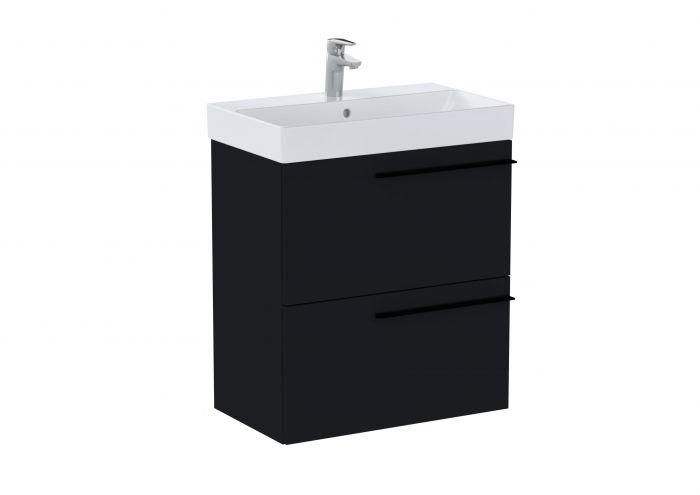Zestaw łazienkowy czarny mat ROCA ELLA UNIK Compacto w komplecie: umywalka ceramiczna 60 x 36 cm z otworem na baterię na środku, szafka z 2 szufladami (bez uchwytów), zestaw montażowy | A851916532