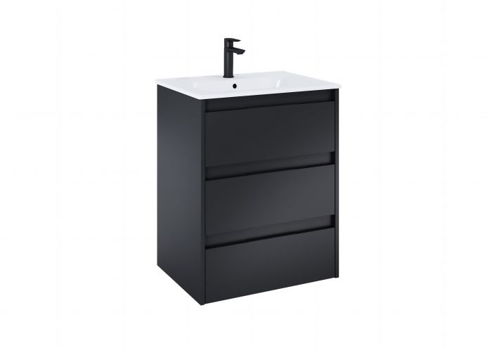 Zestaw łazienkowy 605 x 460 x 740 mm czarny matowy z 3 szufladami ROCA ALPINE w komplecie: umywalka ceramiczna 70,5 x 46 cm z otworem na baterię i z przelewem A32799E000, szafka podumywalkowa z 3 szufladami 70,5 x 46 x 74cm A857866532, zestaw montażowy