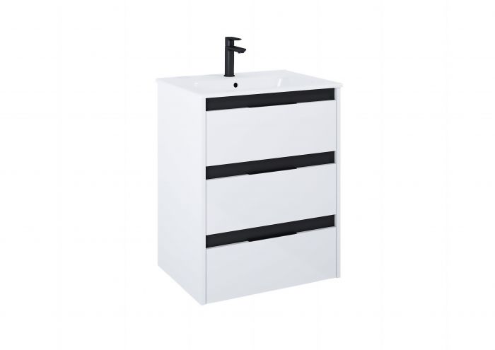 Zestaw łazienkowy 605 x 460 x 740 mm biały połysk/czerń z 3 szufladami ROCA ALPINE w komplecie: umywalka ceramiczna 70,5 x 46 cm z otworem na baterię i z przelewem A32799E000, szafka podumywalkowa z 3 szufladami 70,5 x 46 x 74cm A857866606, zestaw montażo