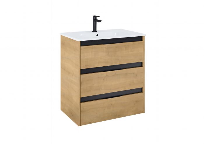 Zestaw łazienkowy 705 x 460 x 740 mm jasny dąb z 3 szufladami ROCA ALPINE w komplecie: umywalka ceramiczna 70,5 x 46 cm z otworem na baterię i z przelewem A32799D000, szafka podumywalkowa z 3 szufladami 70,5 x 46 x 74cm A857867464, zestaw montażowy | A85