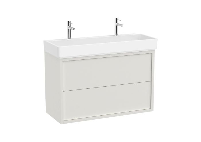 Zestaw szafka z umywalką z 2 szufladami, niecka umieszczona centralnie dwa otwory na baterie 430 x 600 mm biały mat ROCA Unik | A852036558