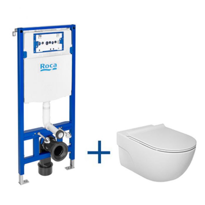 Zestaw WC podtynkowy z odpływem poziomym DUPLO ONE zawiera stelaż DUPLO ONE (A890070020) i miskę WC podwieszaną MERIDIAN RIMLESS z deską Slim (A34H240000)