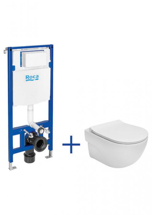 Miska WC podwieszana Rimless ROCA MERIDIAN COMPACTO w komplecie: stelaż podtynkowy Duplo One, deska wolnoopadająca Slim | A893104530