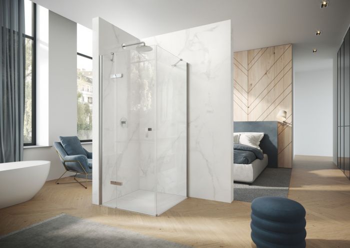 Drzwi skrzydłowe ze stałym segmentem HUPPE Aura pure strona lewa 900 x 1970 mm srebrne połysk szkło hartowane przezroczyste z powłoką Anti-Plaque | AP0003069322