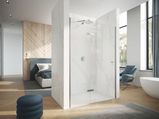 Drzwi skrzydłowe ze stałym segmentem HUPPE Aura pure strona prawa 800 x 1970 mm srebrne połysk szkło hartowane przezroczyste z powłoką Anti-Plaque | AP0102069322