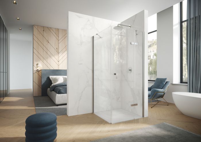 Drzwi skrzydłowe ze stałym segmentem HUPPE Aura pure strona prawa 900 x 1970 mm srebrne połysk szkło hartowane przezroczyste z powłoką Anti-Plaque | AP0103069322