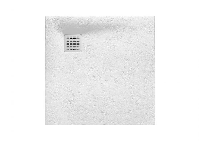 TERRAN brodzik kompozytowy STONEX kwadratowy prysznicowy 90 x 90 x 2.8 cm średnica odpływu 90 mm biały z syfonem z osłoną ze stali szlachetnej