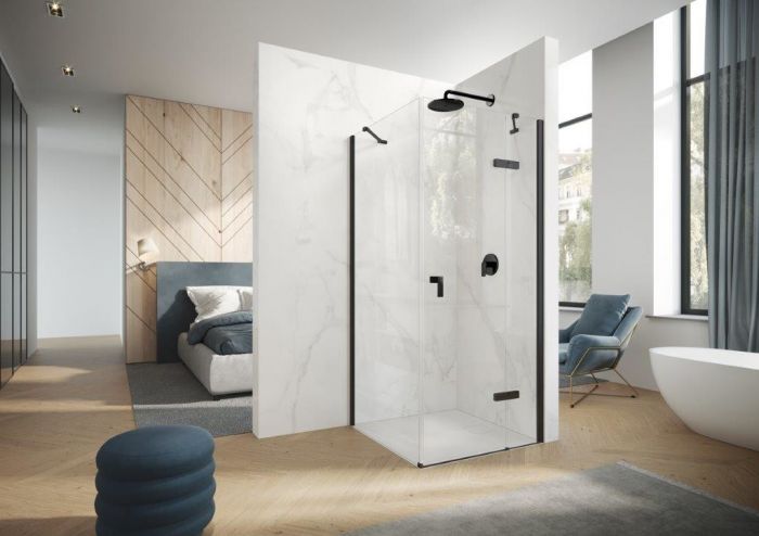 Drzwi skrzydłowe ze stałym segmentem HUPPE Aura pure strona lewa 800 x 1970 mm black edition szkło hartowane przezroczyste z powłoką Anti-Plaque | AP0012123322