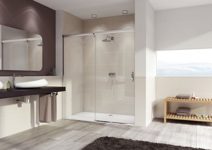 Drzwi suwane 1-częściowe ze stałym segmentem HUPPE Aura elegance strona lewa 1500 x 1900 mm chrom eloxal szkło hartowane przezroczyste z powłoką Anti-Plaque | 401407092322