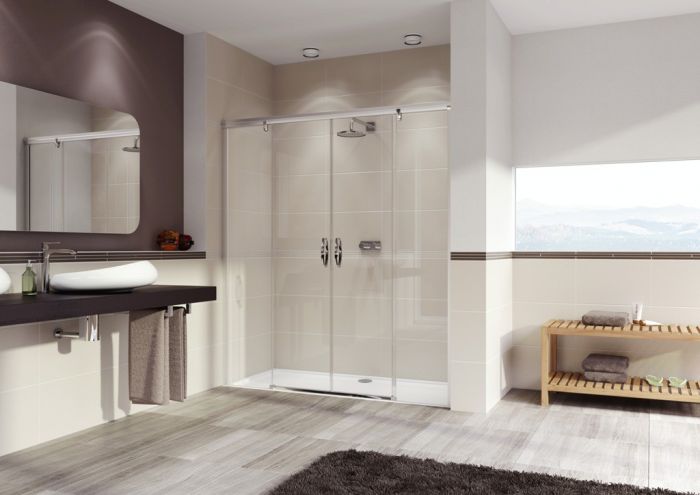 Drzwi suwane 2-częściowe ze stałym segmentem HUPPE Aura elegance 1600 x 1900 mm srebrne matowe szkło hartowane przezroczyste z powłoką Anti-Plaque | 402101087322