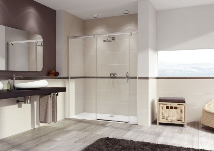 Drzwi suwane ze stałym segmentem i częścią boczną HUPPE Aura elegance strona lewa 1700 x 2000 mm chrom eloxal szkło hartowane przezroczyste z powłoką Anti-Plaque  | 401805092322