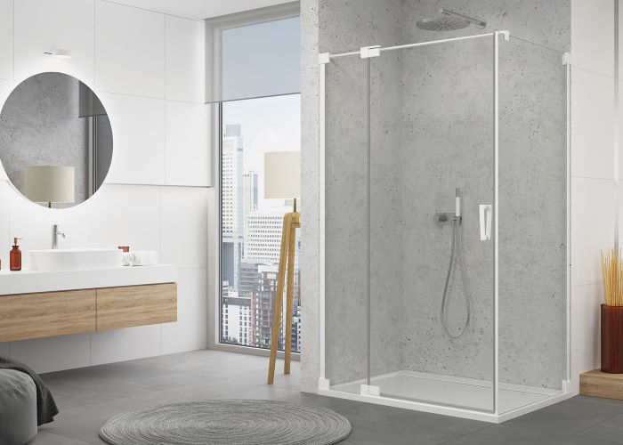 Drzwi wahadłowe jednoczęściowe z elementem stałym w linii SANSWISS CADURA CA13 strona lewa 900 x 2000 mm białe szkło hartowane przezroczyste z powłoką AQUAPERLE | CA13G0900907