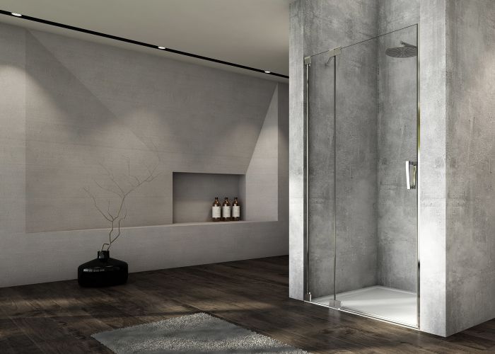Drzwi wahadłowe z elementem stałym SANSWISS CADURA CA13 strona prawa 1000 x 2000 mm srebrne połysk szkło hartowane przezroczyste z powłoką AQUAPERLE  | CA13D1005007