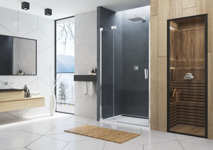 Drzwi wahadłowe SANSWISS CADURA CA13 strona prawa 1400 x 2000 mm srebrne połysk szkło hartowane przezroczyste z powłoką AQUAPERLE | CA13D1405007