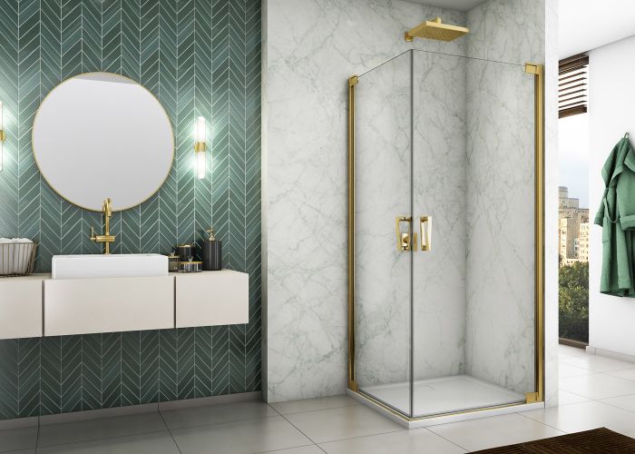 Drzwi wahadłowe jednoczęściowe z profilem przyściennym SANSWISS CADURA CA1C strona prawa 800 x 2000 mm złote szkło hartowane przezroczyste z powłoką AQUAPERLE | CA1CD0801207