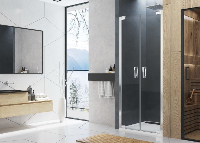 Drzwi wahadłowe dwuczęściowe z profilem przyściennym SANSWISS CADURA CA2C 1200 x 2000 mm srebrne połysk szkło hartowane przezroczyste z powłoką AQUAPERLE | CA2C1205007