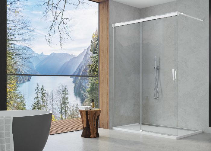 Ścianka wolnostojąca WALK-IN z elementem przesuwnym SANSWISS CADURA strona lewa 1000 x 2000 mm chrom połysk szkło hartowane shade z powłoką AQUAPERLE  | CAW2G1005068