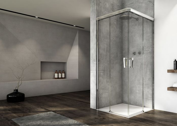Drzwi rozsuwane dwuczęściowe wejście narożne SANSWISS CADURA CAE2 strona lewa 900 x 2000 mm srebrne połysk szkło hartowane przezroczyste z powłoką AQUAPERLE | CAE2G0905007