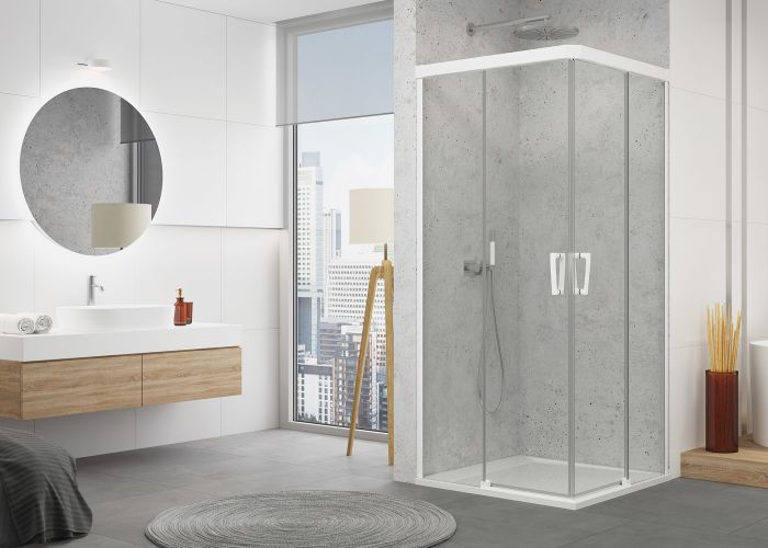 Drzwi rozsuwane dwuczęściowe wejście narożne SANSWISS CADURA CAE2 strona lewa 900 x 2000 mm białe szkło hartowane przezroczyste z powłoką AQUAPERLE  | CAE2G0900907