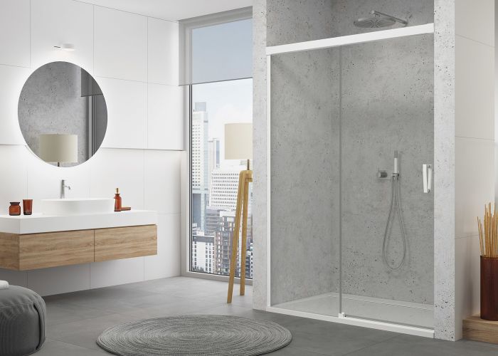 Drzwi rozsuwane dwuczęściowe SANSWISS CADURA CAS2 strona prawa 1500 x 2000 mm białe szkło hartowane przezroczyste z powłoką AQUAPERLE | CAS2D1500907