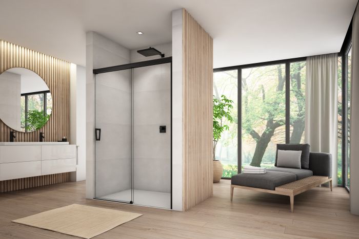 Drzwi rozsuwane dwuczęściowe SANSWISS CADURA CAS2 strona prawa 1800 x 2000 mm czarny mat szkło hartowane przezroczysta z powłoką AQUAPERLE  | CAS2D1800607