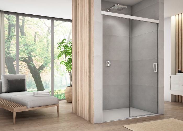 Drzwi rozsuwane dwuczęściowe SANSWISS CADURA CAS2 strona prawa 1800 x 2000 mm białe matowe szkło hartowane przezroczyste z powłoką AQUAPERLE | CAS2D1800907