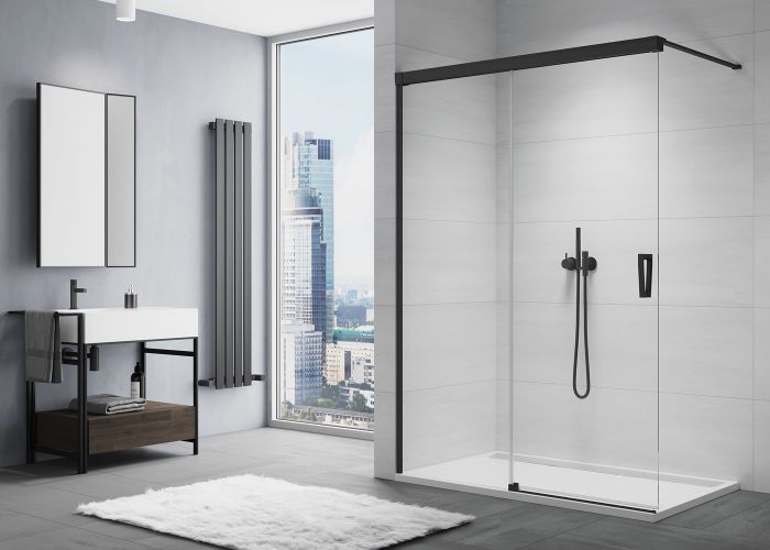 Ścianka wolnostojąca WALK-IN z elementem przesuwnym SANSWISS CADURA CAW2 strona prawa 1200 x 2000 mm czarna matowa szkło hartowane przezroczyste z powłoką AQUAPERLE | CAW2D1200607