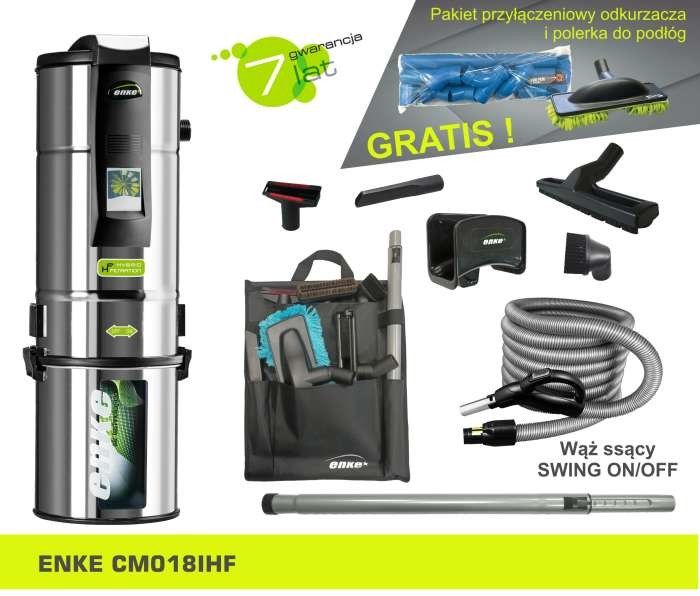 Odkurzacz centralny Enke CMO18I w zestawie: ssawka do podłogi 30 cm SZN345, ssawka szczelinowa ACS002, ssawka okrągła z włosiem ACS005, ssawka do tapicerki ACS004, wąż SWING ON/OFF 9m ZAS083, rura teleskopowa SZN