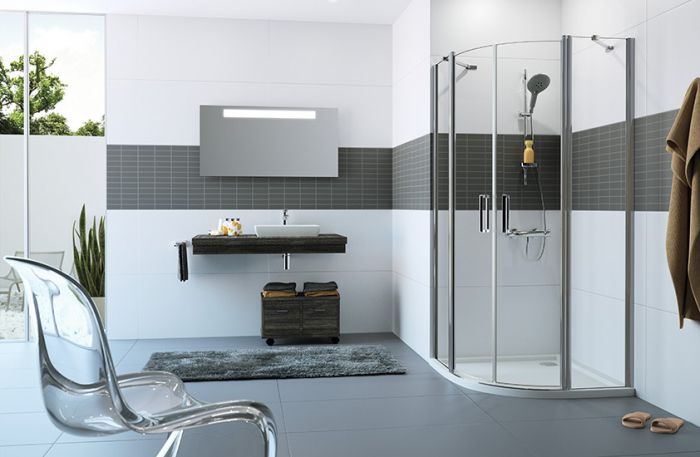 Drzwi skrzydłowe 2-częściowe ze stałym segmentem półokrągły HUPPE Classics 2 800 x 1900 mm srebrne połysk szkło hartowane przezroczyste z powłoką Anti-Plaque | C24001069322