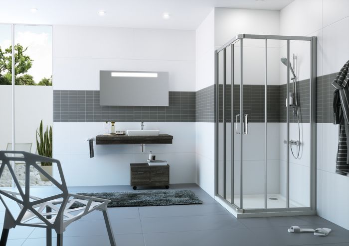 Drzwi suwane 2-częściowe, narożnikowe HUPPE Classics 2 E2 750 750 x 1900 mm srebrne połysk szkło hartowane przezroczyste bez powłoki | C20202069321