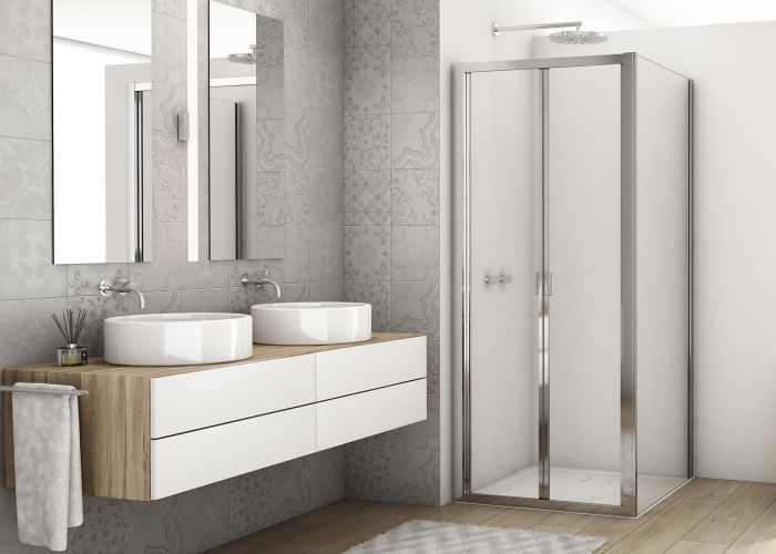 Ścianka boczna 90st. SANSWISS DIVERA D22F1 900 x 2000 mm srebrna połysk szkło hartowane przezroczyste z powłoką AQUAPERLE  | D22F10905007