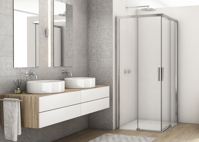 Kabina wejście narożne, z drzwiami rozsuwanymi kwadratowy SANSWISS DIVERA D22SE2B 800 x 2000 mm srebrna połysk szkło hartowane przezroczyste z powłoką AQUAPERLE | D22SE2B0805007