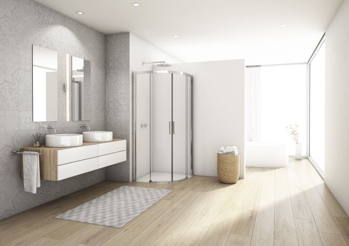 Kabina z drzwiami rozsuwanymi półokrągły SANSWISS DIVERA D22SRB 900 x 2000 mm srebrny blyszczący szkło hartowane przezroczyste z powłoką AQUAPERLE | D22SRB550905007