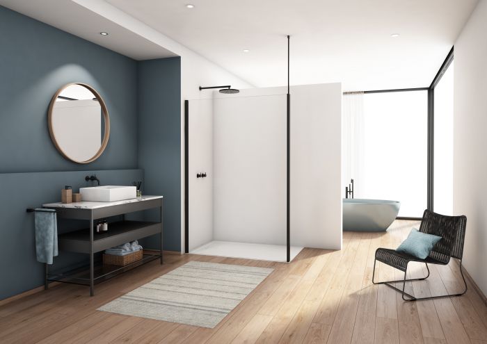 Ścianka boczna wolnostojąca WALK-IN, stała SANSWISS DIVERA D22WI1V 700 x 2000 mm czarna mat szkło hartowane przezroczyste z powłoką AQUAPERLE | D22WI1V0700607