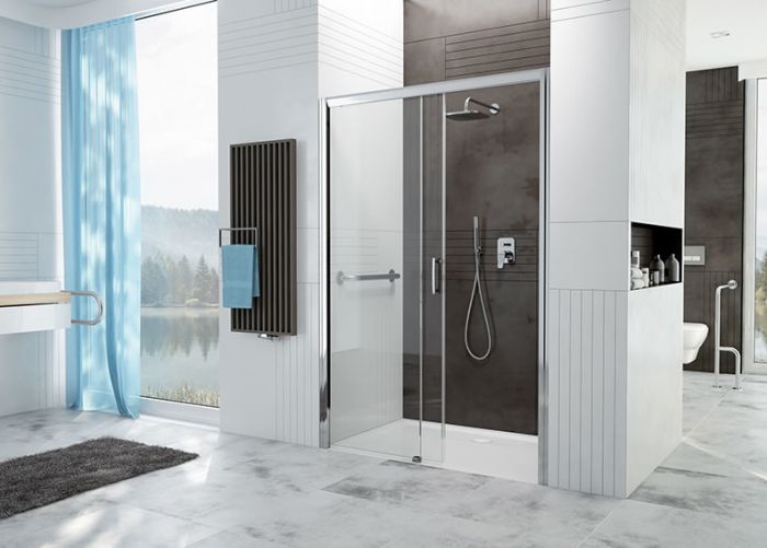 Drzwi przesuwne SANPLAST FreeZone D2P/FREEZONE-130-S strona prawa 1300 x 1900 mm srebrne błyszczące szkło hartowane Grey GY z powłoką Glass protect | 600271318038501