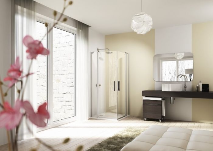 Drzwi skrzydłowe ze stałym segmentem HUPPE Design elegance ST 900 900 x 1900 mm srebrne matowe szkło hartowane przezroczyste z powłoką Anti-Plaque | 8E0702087322