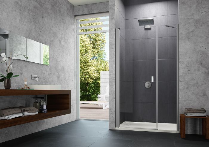 Drzwi skrzydłowe z częścią boczną HUPPE Design pure 900 x 1900 mm srebrne matowe szkło hartowane przezroczyste z powłoką Anti-Plaque  | 8P7201087322