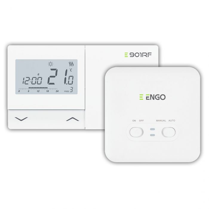 Regulator temperatury programowany, bezprzewodowy w zestawie nadajnik regulatora (E901TX), odbiornik regulatora (E901RX) ENGO E901RF | 932322612
