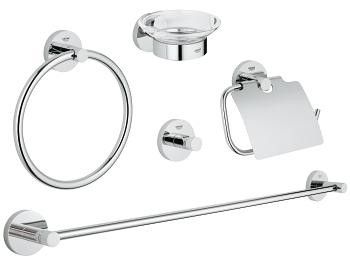 Zestaw akcesoriów GROHE Essentials 5w1 chrom zawiera: z wieszaki na ręczniki: okrągły i klasyczny, haczyk na płaszcz kąpielowy, uchwyt na pepier toaletowy oraz mydelniczkę ścienną  | 40344001