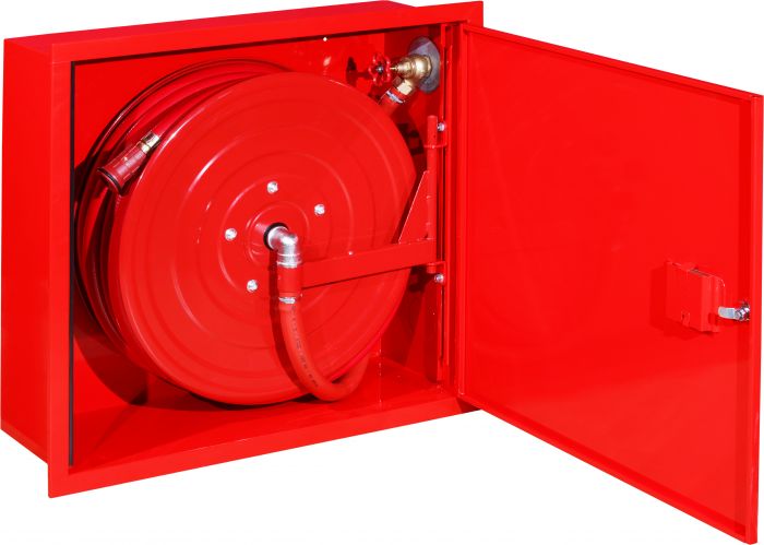 Hydrant wewnętrzny DN 25 wnękowy, uniwersalny bez miejsca na gaśnicę drzwi pełne, zamek patentowy z systemem "zbij szybkę" wąż 20 m 700 x 650 x 250 mm RAL 3000 czerwony