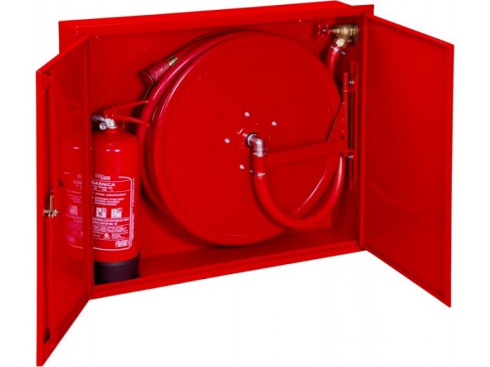 Hydrant DN 25 smukły, wnękowy, kombi doprowadzenie boczne uniwersalne zamek patent wąż 20 m 900 x 750 x 180 mm RAL 9016 biały