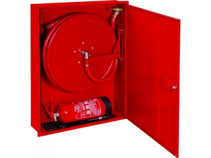 Hydrant DN 25 smukły, wnękowy, kombi pionowy doprowadzenie boczne uniwersalne zamek patent wąż 30 m 740 x 1000 x 180 mm RAL 9016 biały