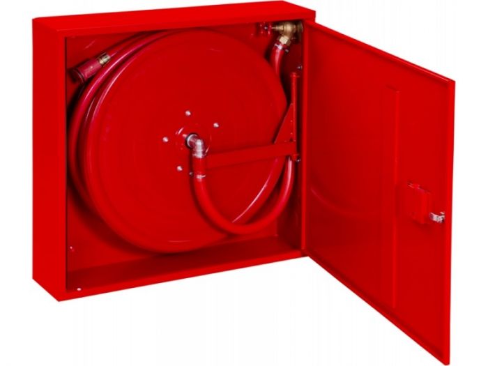 Hydrant DN 25 smukły, zawieszany doprowadzenie boczne uniwersalne zamek patent wąż 30 m 780 x 750 x 180 mm RAL 3000 czerwony