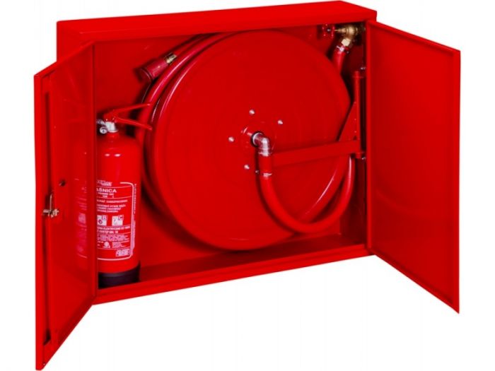 Hydrant DN 25 smukły, zawieszany, kombi doprowadzenie boczne uniwersalne zamek patent wąż 20 m 900 x 750 x 180 mm RAL 9016 biały
